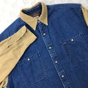 Vintage 90s Y2K Denim Shirt Mens Medium Blue Button Up Corduroy Sleeves Relaxed